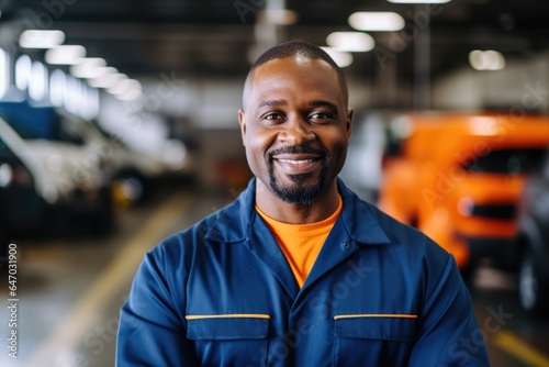 Smiling portrait of a male african american car mechanic working in a mechanics shop