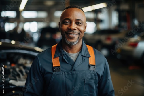 Smiling portrait of a male african american car mechanic working in a mechanics shop