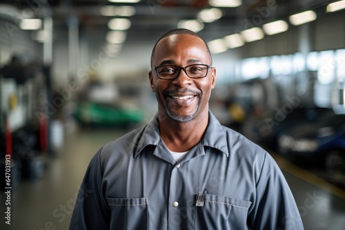 Smiling portrait of a male african american car mechanic working in a mechanics shop © Geber86