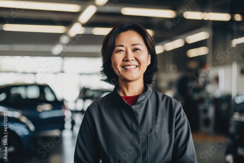 Smiling portrait of a female asian car mechanic working in a mechanics shop
