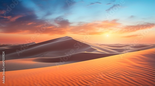 a serene and pristine desert dune field at sunset  with the warm golden hues of the sand contrasting with the cool tones of the sky