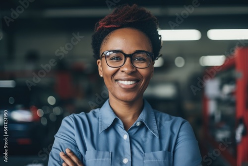 Smiling portrait of a female african american car mechanic working in a mechanics shop