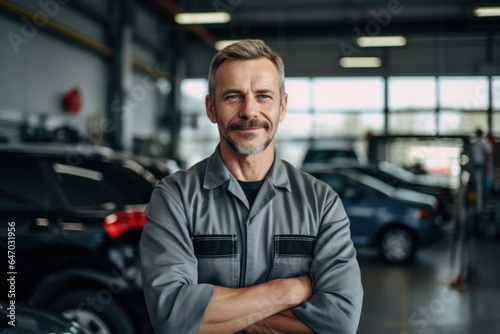 Smiling portrait of a male caucasian car mechanic working in a mechanics shop