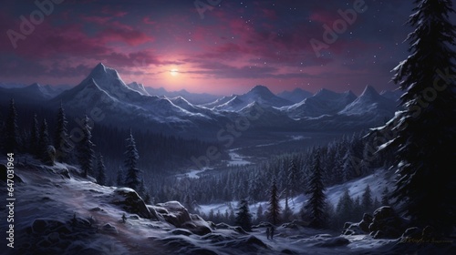 a serene and snow-covered mountain landscape at twilight, with the first stars beginning to appear in the darkening sky, conveying a sense of quietude and wonder