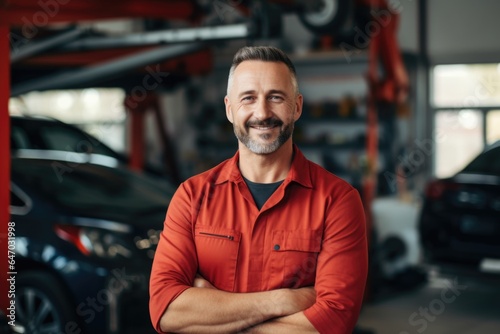 Smiling portrait of a male caucasian car mechanic working in a mechanics shop © Geber86