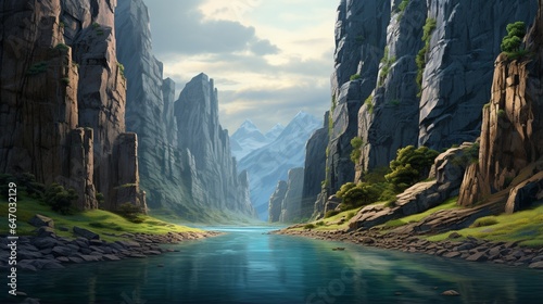 a serene and winding river canyon, with sheer rock walls rising on either side and the water reflecting the surrounding beauty of the landscape