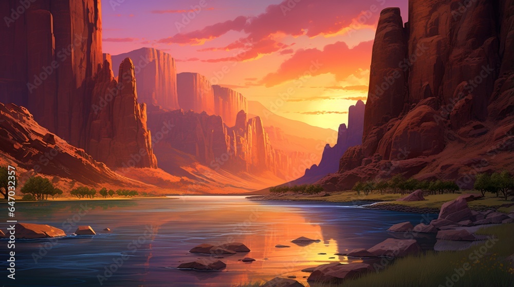 a serene river canyon at sunset, with sheer rock walls glowing in the warm light and the river reflecting the colorful sky