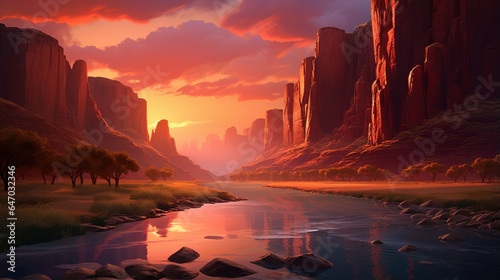a serene river canyon at sunset, with sheer rock walls glowing in the warm light and the river reflecting the colorful sky