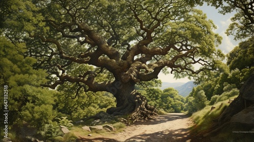 a stately oak tree with gnarled branches  exemplifying the longevity and majesty of old trees in forested landscapes