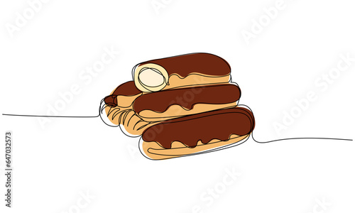 Eclair in continuous one line art style. Cafe, bakery, restaurant logo concept. Simple vector illustration
