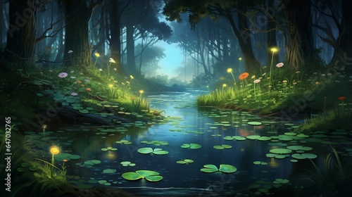 a tranquil forest pond at twilight  with frogs singing their evening chorus and fireflies beginning to glow