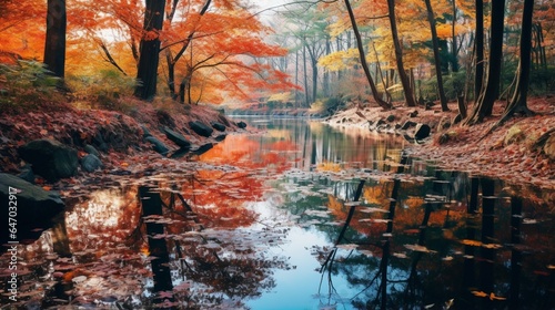 a tranquil pond surrounded by a carpet of colorful fall foliage  with leaves reflecting in the still water s surface
