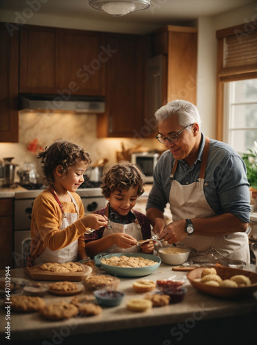 elderly homosexual couple baking cookies with their adopted children