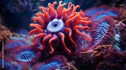 a vibrant coral polyp with its intricate tentacles extended  showcasing the microscopic marvels of reef-building organisms