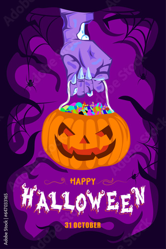 Halloween poster with vector illustration of zombie arm with pumpkin full of candy and dark background