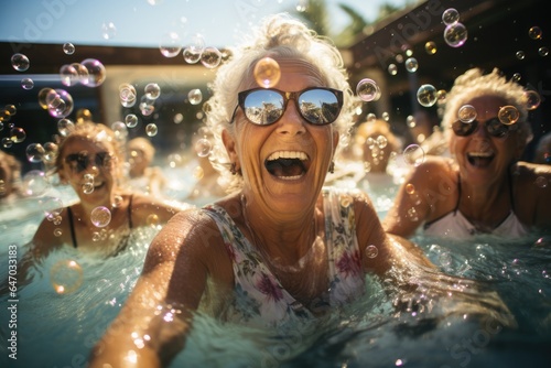 Group of happy elderly women having fun in swimming pool at summer © Алина Бузунова