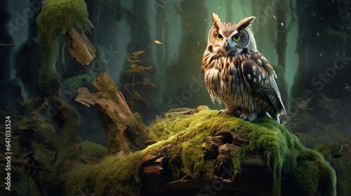 a wise old owl perched atop a moss-covered stump, surveying its woodland domain