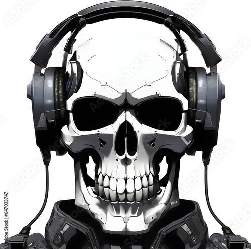 skull with headphones on a white background. AI-generated.
