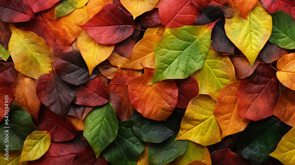 Autumn leaves in many colors on the forest floor
