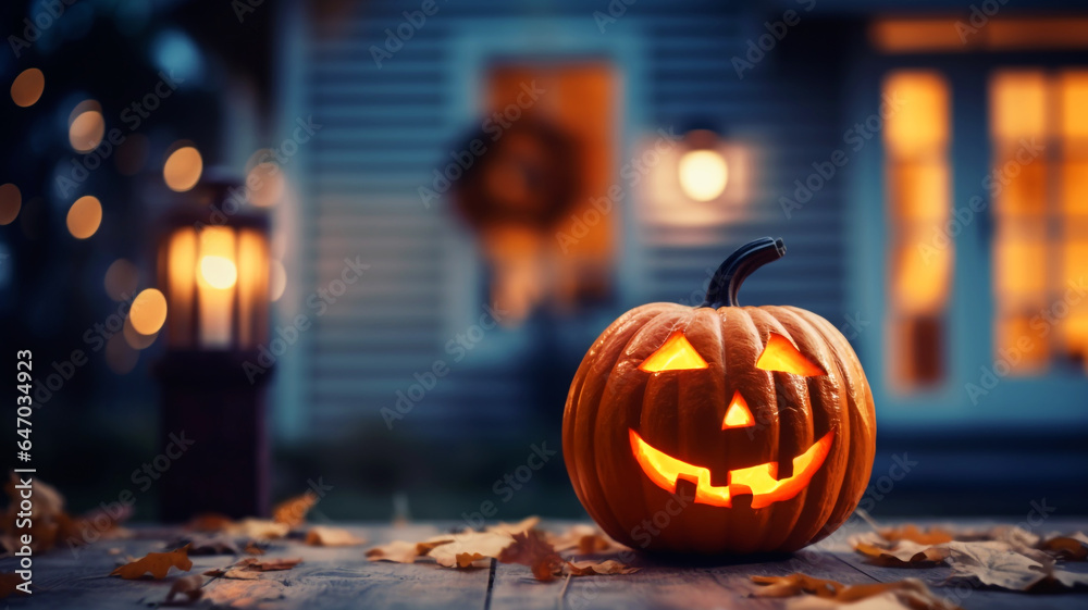 Halloween pumpkin lantern decorating a home entrance Halloween pumpkin lantern decorating a home entrance