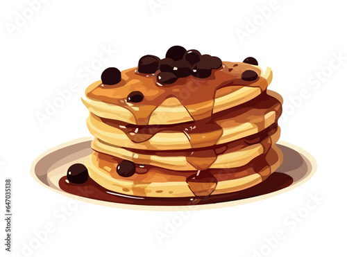 Stack of pancakes with syrup and berries.