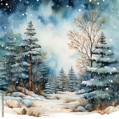 snow-covered spruce trees on a clearing in the snow in a watercolor style. Winter night landscape. 