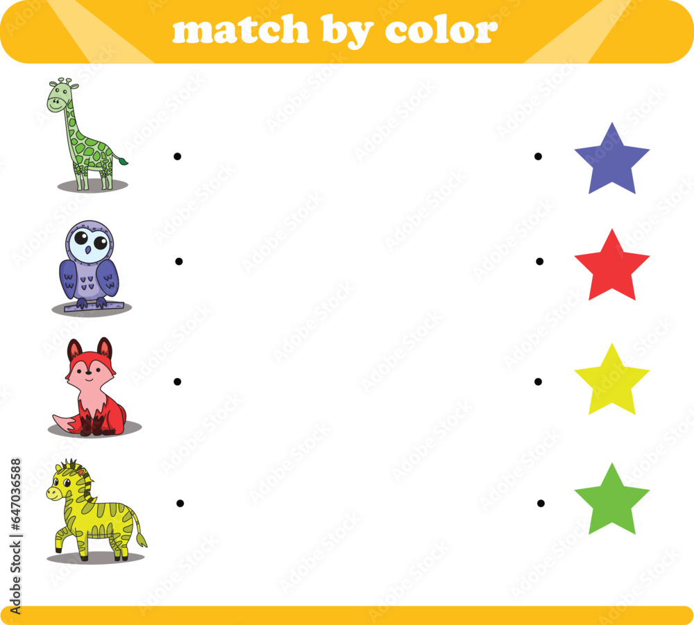 Fototapeta premium Color matching logic game with cute animal drawings giraffe owl fox zebra