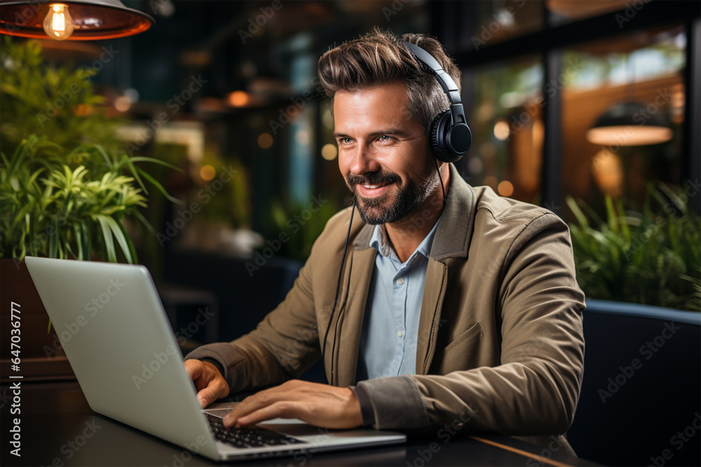 young man in headphones at a computer in a cafe . young man in headphones at a computer in a cafe .