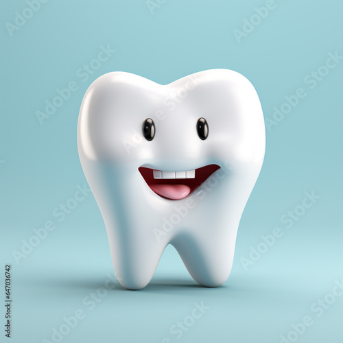 fröhlicher lachender Zahn in 3D mit Augen und Mund auf hellblauem Hintergrund. Quadratisch. Generative Ai.