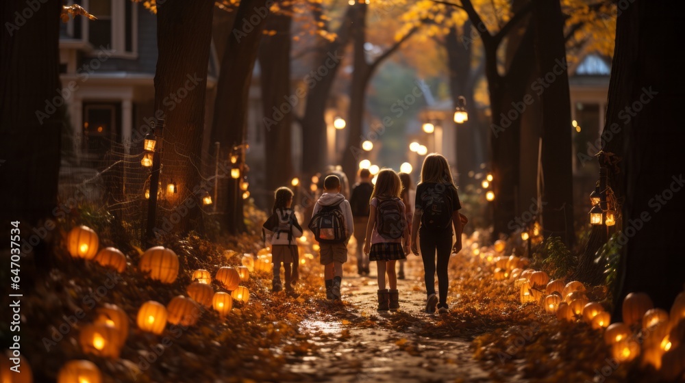 Children Heading Home After School to Get Ready for Halloween, Generative AI