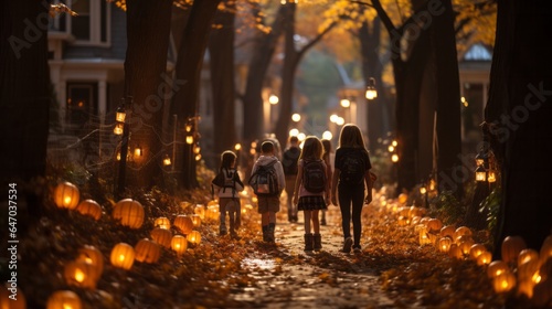 Children Heading Home After School to Get Ready for Halloween, Generative AI