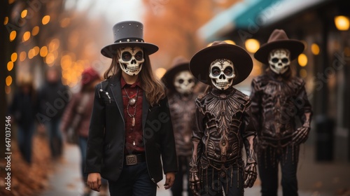 Children in Traditional Festival of the Dead Costume Enjoying Halloween With Friends, Generative AI