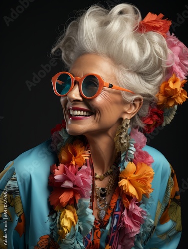 Happy Senior Woman Dressed in Teal, Generative AI