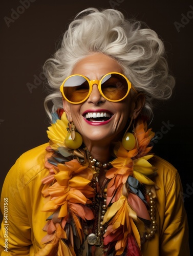 Happy Senior Woman Dressed in Yellow, Generative AI