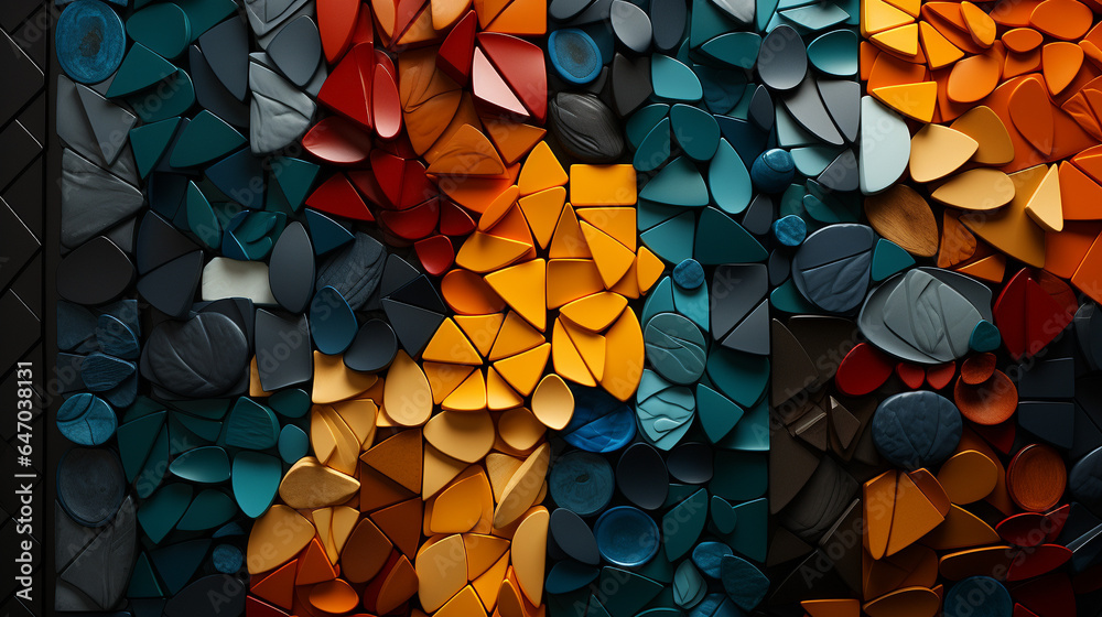 Vibrant Geometric Mosaic: Squares, Triangles, and Circles in Art