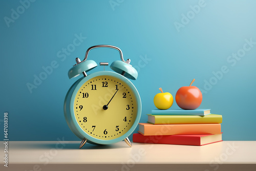 alarm clock and apple, alarm clock and books on table, alarm clock and book, alarm clock and books, back to school