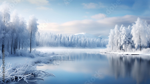 an unfrozen river in the middle of a winter forest that is all white with snow and with a blue sky and mountains in the background