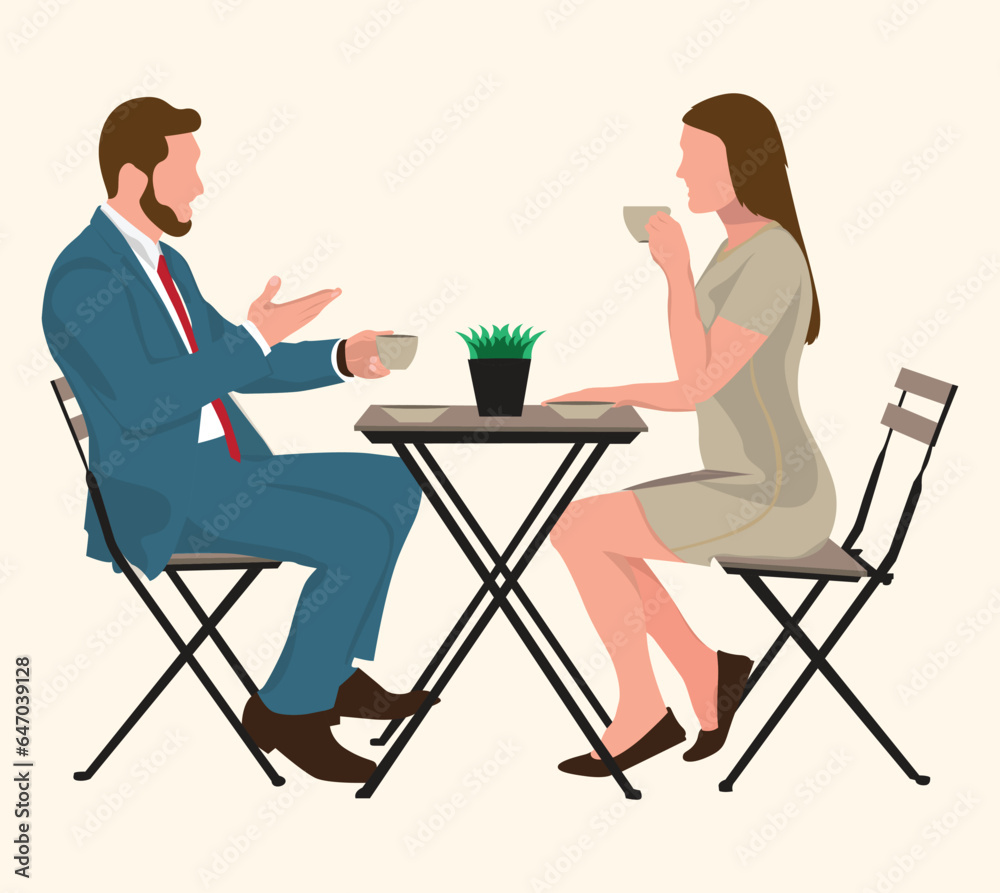 A businessman and businesswoman sitting at a cafe and talking drinking vector