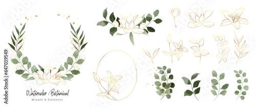 Luxury botanical gold wedding frame elements collection. Set of circle, glitters, leaf branches, rose flower, eucalyptus. Elegant foliage design for wedding, card, invitation, greeting.