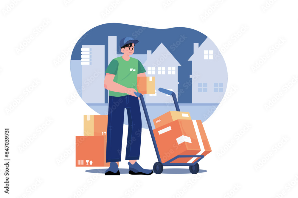 Caucasian deliveryman wheeling trolley with carton boxes Caucasian deliveryman wheeling trolley with carton boxes