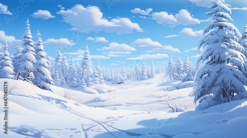 beautiful snowy meadow with snowy coniferous trees and blue sky with white clouds