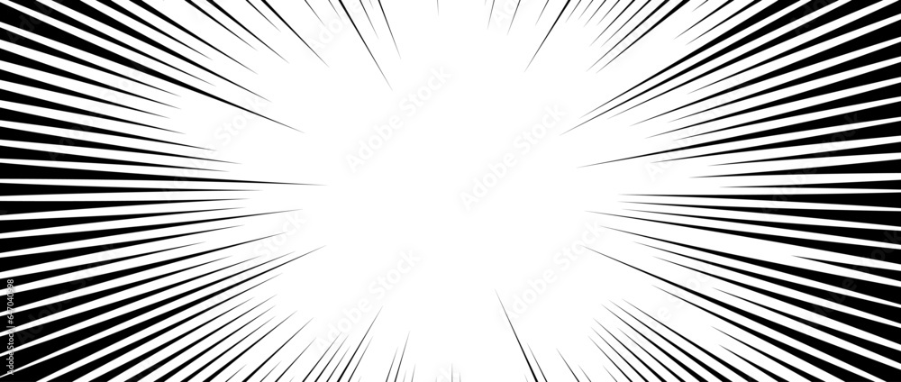 Fototapeta premium Radial speed lines background. Comic book explosion lines wallpaper. Abstract black and white flash frame design. Manga anime cartoon ray beam sunburst. Vector light effect illustration