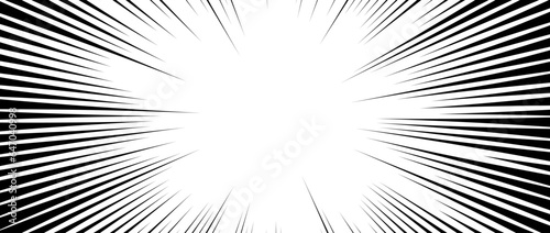 Radial speed lines background. Comic book explosion lines wallpaper. Abstract black and white flash frame design. Manga anime cartoon ray beam sunburst. Vector light effect illustration
