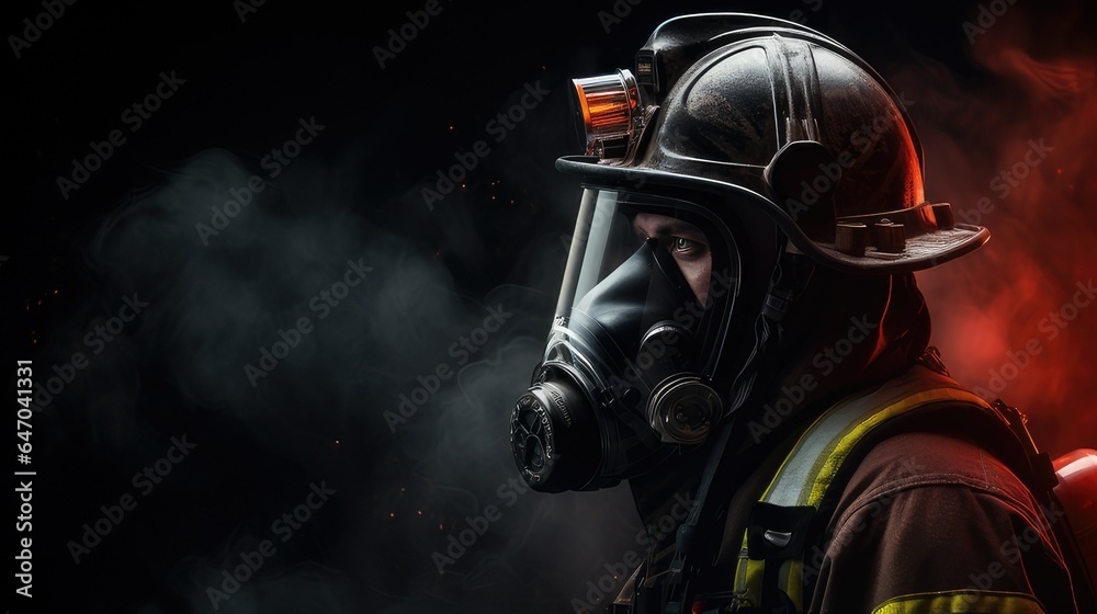 fire fighter in gas mask getting ready to enter a fire. generative AI fire fighter in gas mask getting ready to enter a fire. generative AI
