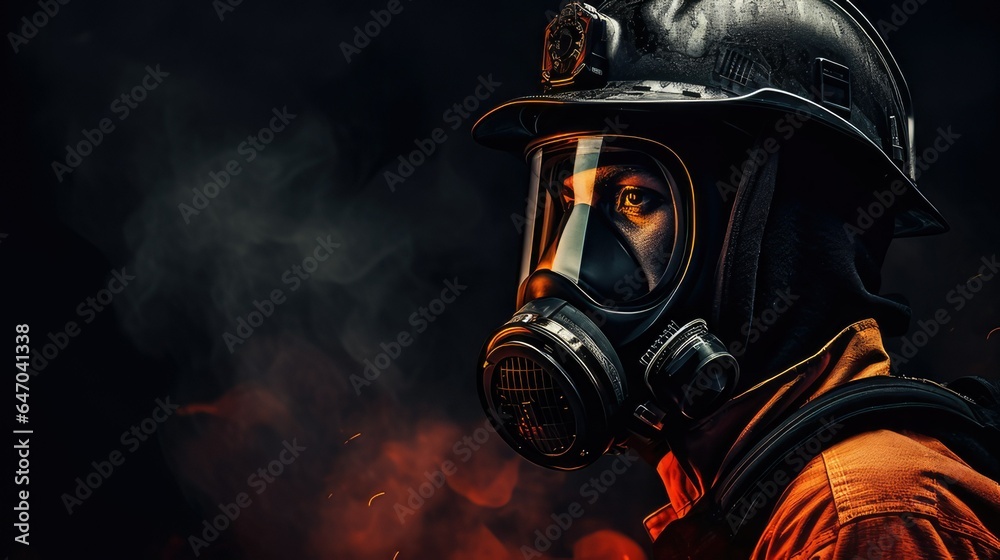 fire fighter in gas mask getting ready to enter a fire. generative AI ...