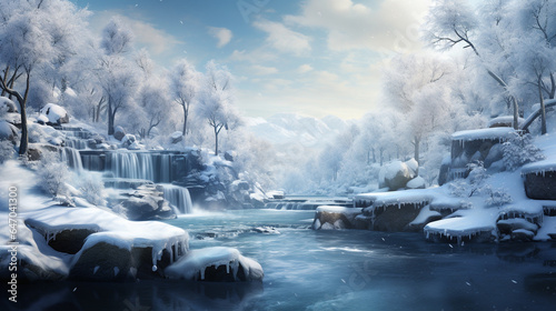 a raging mountain river with a waterfall in the middle of a winter forest