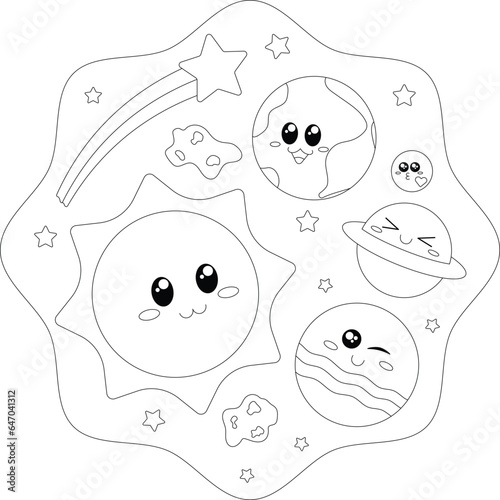 Kawaii coloring page cute galaxy space theme. Black and white vector illustration.