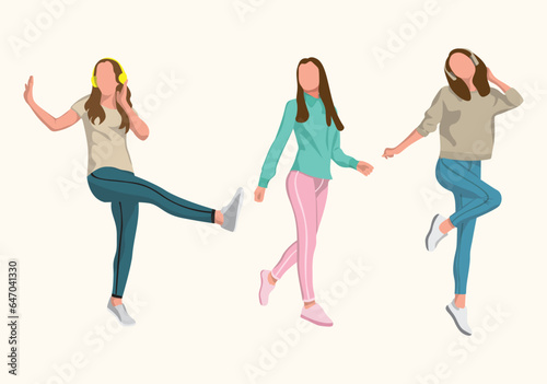 set of girls listening to music dance wear white T-shirts jeans sneakers vector