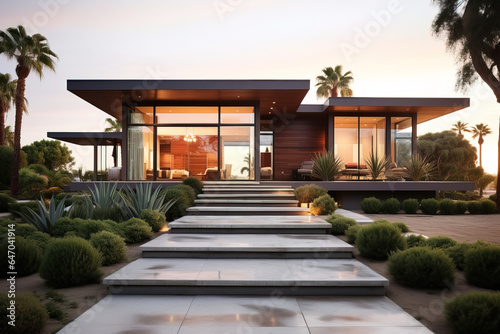front view of a modern house with tall windows and a big entrance with bushes © QuantumVisions