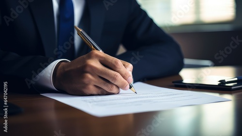 close up of person with pen signing contract at desk. generative AI
